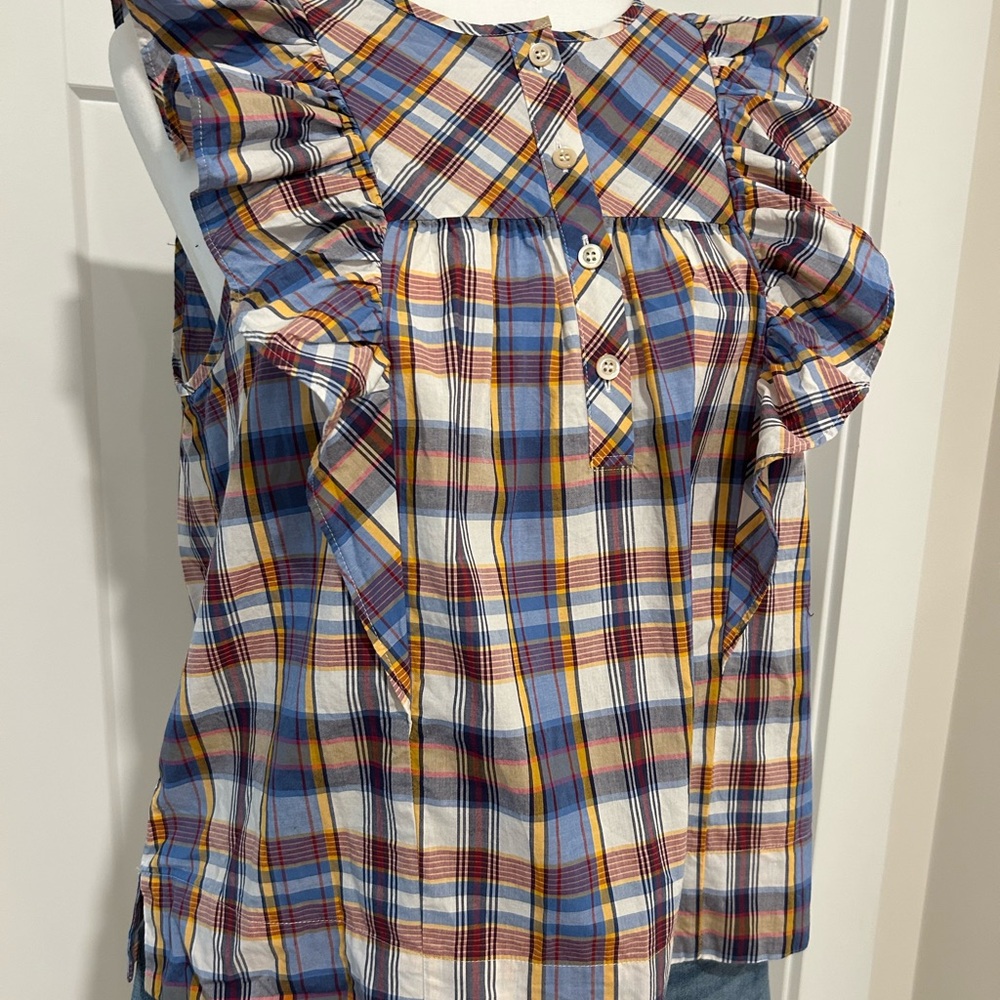 J Crew Colorful Plaid Ruffle Blouse